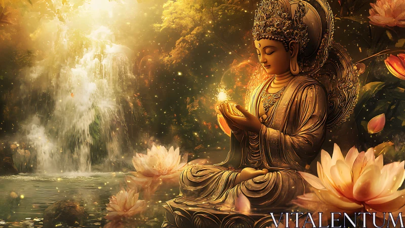 Lotuslit Buddha dreaming beside a golden waterfall hush.