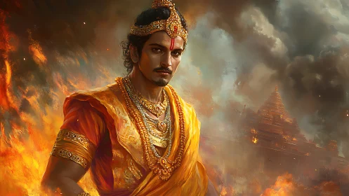 Warrior prince in blazing ruins stands calm amid chaos