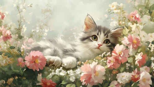 Juvenile Felid Positioned Amidst Chromatic Floral Arrangement.