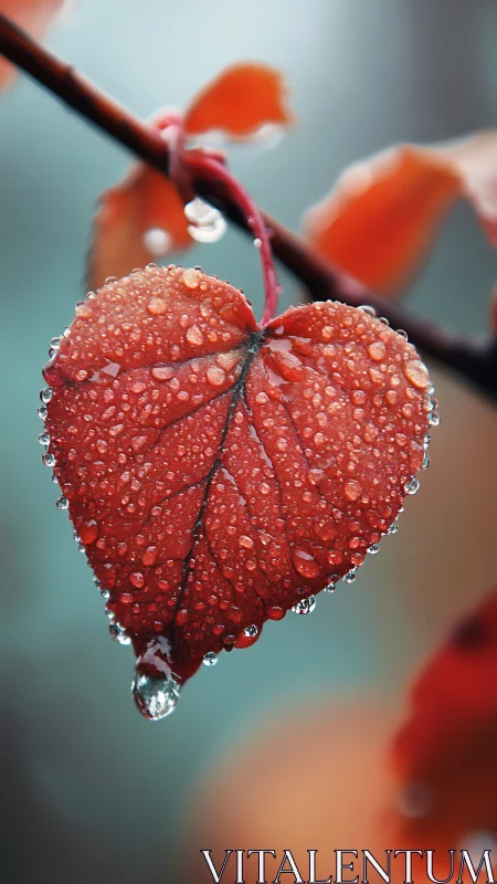 Red Leaf with Water Droplets on Branch.