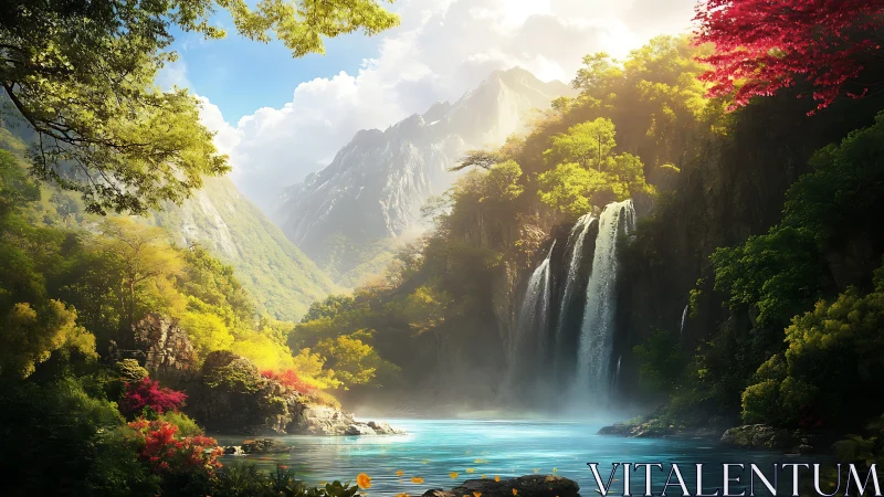 Digital landscape depicts mountain waterfall and forest basin
