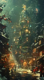 Vertical elf village street under snowfall with illuminated workshop