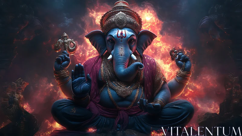 Digital render shows seated blue elephant deity before fire