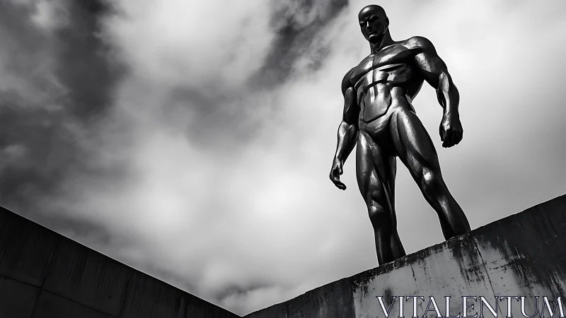 Powerful metal statue stands tall against stormy clouds