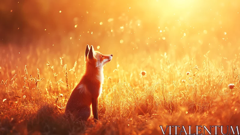 Backlit red fox in shallow-depth meadow under intense golden flare