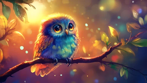 Adorable Colorful Owl on Branch in Vibrant Fantasy Art Style.