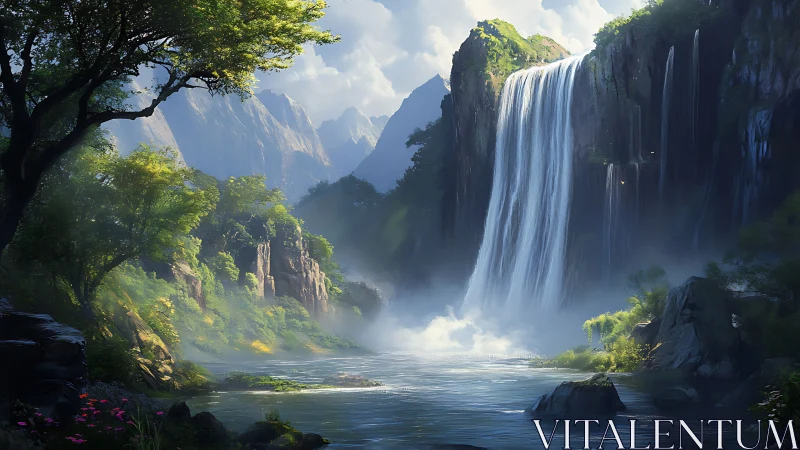 Sunlit waterfall cascades into misty mountain river gorge.