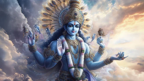 Celestial blue deity amid radiant storm-swept heavens.