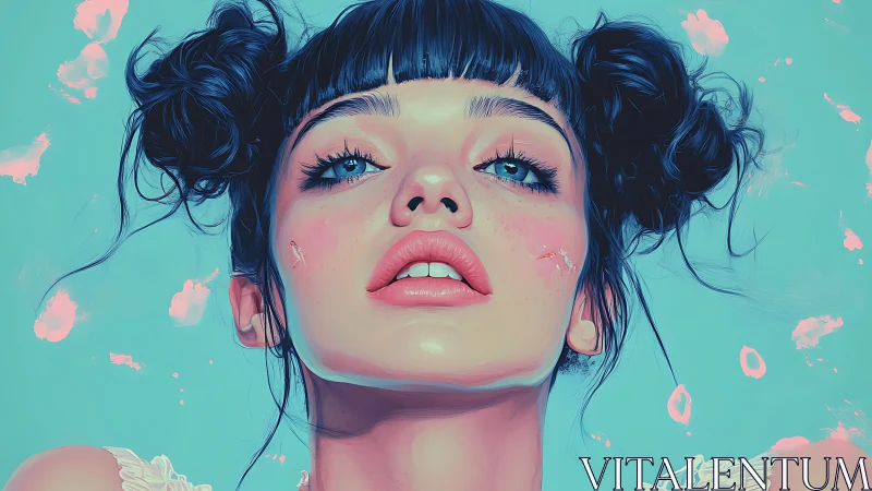 Digital portrait shows close-up of young woman with blue eyes