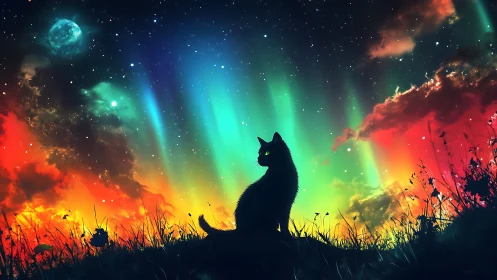 Black Cat Silhouette Under Aurora Borealis With Cosmic Phenomena