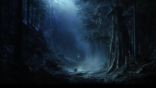 Lone traveler enters misty moonlit forest ravine at night.