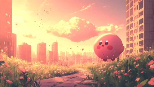 Pink orb hero in dreamy overgrown city sunset field.