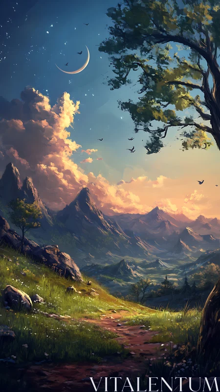 Crescent moonrise over spellbound valley and wandering path.