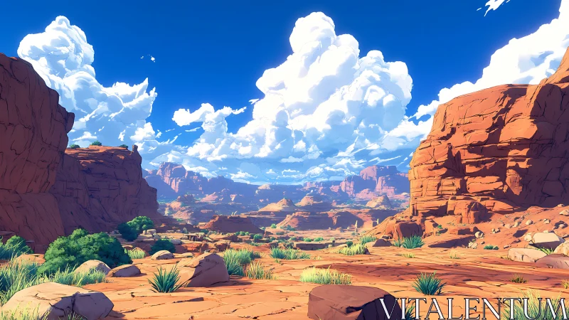 Desert canyon vista under towering cumulus cloud formations.