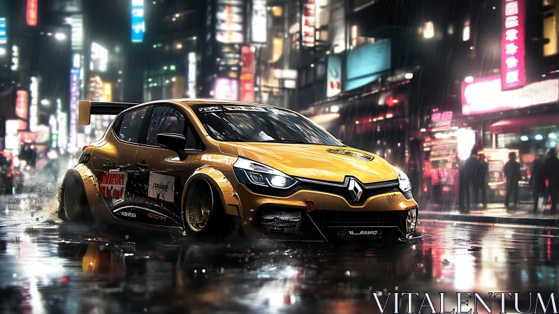 Modified Renault race car slides through neon-soaked rainy street