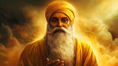 Elderly bearded man in saffron robes amid glowing clouds.