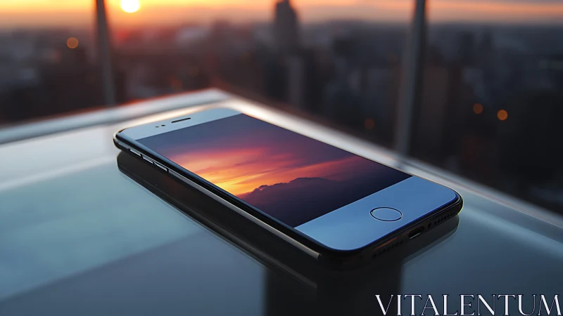 Sunset Captured: Smartphone's Screen Mirrors Urban Dusk Glow.