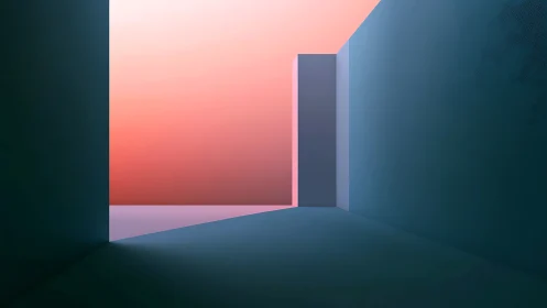 Geometric corridor volume with gradient skylight and hard-edged shadows