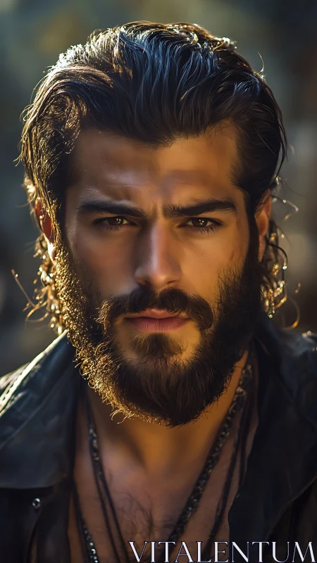 Bearded man stares directly at camera in warm backlight