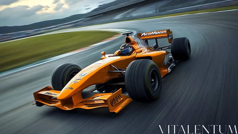 Orange single-seater race car on curved asphalt track.