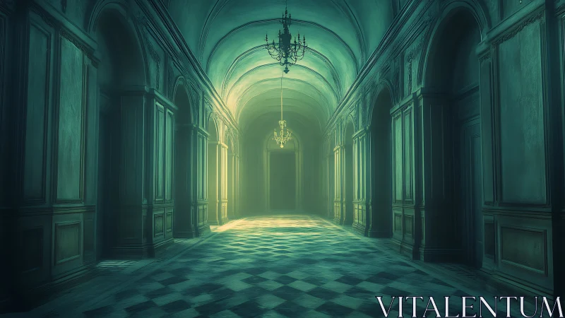 Soft light drifts through a grand, mysterious palace hall