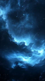 Luminescent blue nebula clouds in deep cosmic void.