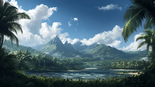 Tropical Mountain Paradise with Palm-Lined Lagoon.
