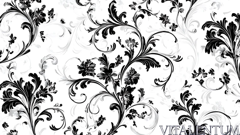 Monochrome botanical scrollwork pattern in digital painting.