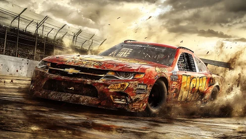 Stock car powerslide cuts muddy oval under storm sky.