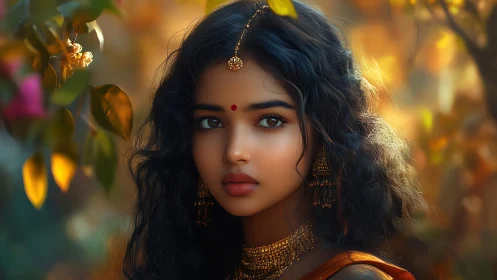 Digital portrait of woman in golden autumn forest glow.