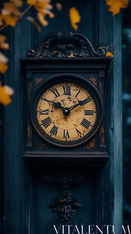 Weathered outdoor wall clock with ornate dark wood case.