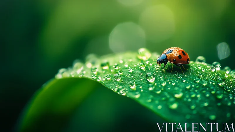 Tiny ladybug pauses on a dewy leaf in gentle morning light