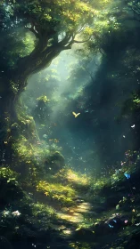 Ancient forest glade with volumetric light rendering and atmospheric depth.