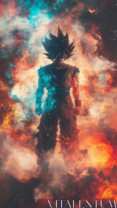 Cosmic warrior ignites amid twin storms of fire and nebulae.