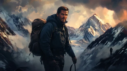 Alpinist studies a sunlit summit amid dramatic storm clouds