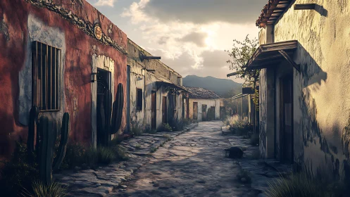 Sunlit abandoned village street with worn plaster houses.
