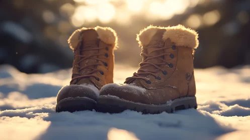 Winter boots stand in sunlit snow with soft background blur