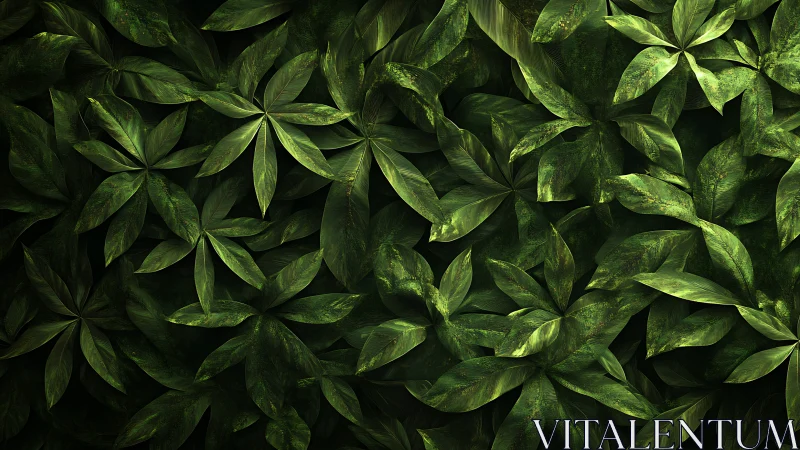 Dense tropical foliage pattern with layered green leaves.