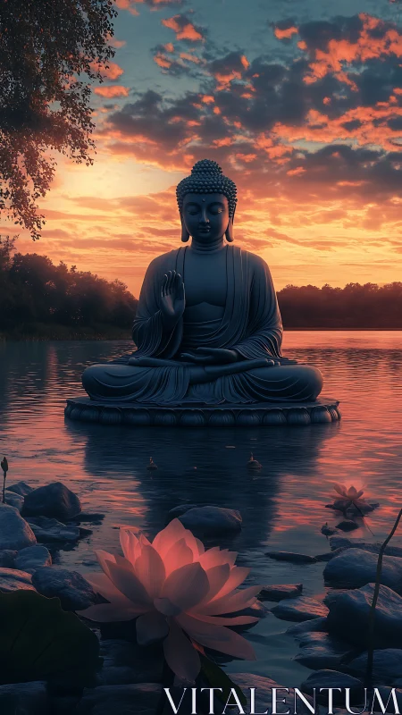 Twilight-lake Buddha statue with lotus reflections and volumetric sky.