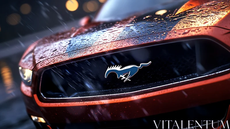 Red sports car grille shows stylized horse emblem in rain
