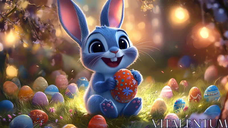 Joy-sparked bunny cradles glowing Easter egg wonderland.