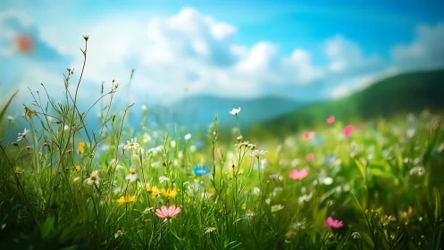 Shallow-depth wildflower meadow under softly diffused blue sky.