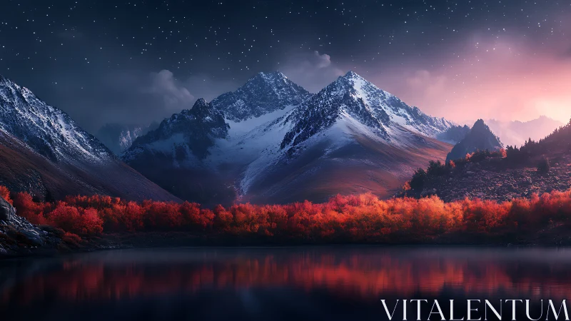 Snowcapped mountains rise over crimson forest lake at dusk