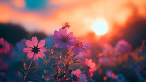 Backlit Pink Cosmos Flowers at Golden Hour Sunset.