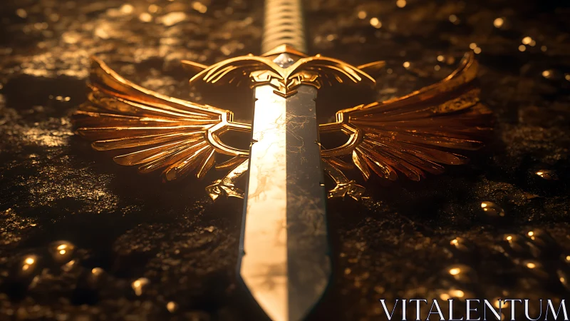 Sunlit winged longsword resting in molten gold shadows.