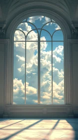 Neoclassical atrium window framing luminous cloudscape.