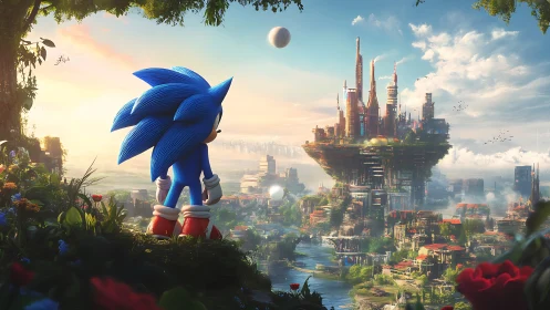 Blue speedster surveying a floating neon-green sky city.