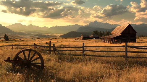 Golden hour homestead landscape with rustic wooden ranch structures.