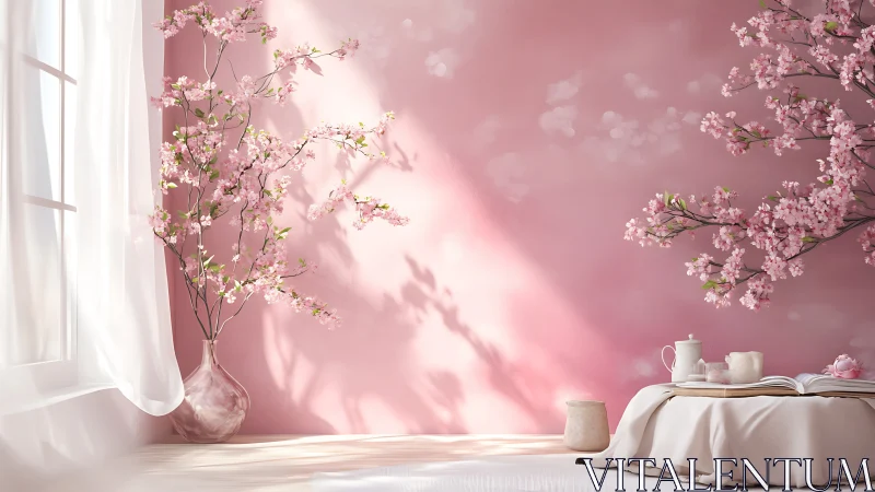 Soft pink interior with blooming branches and diffused light.