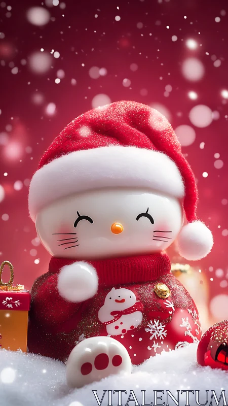 Snow-pawed kitty Santa in candy-red holiday snowfall.